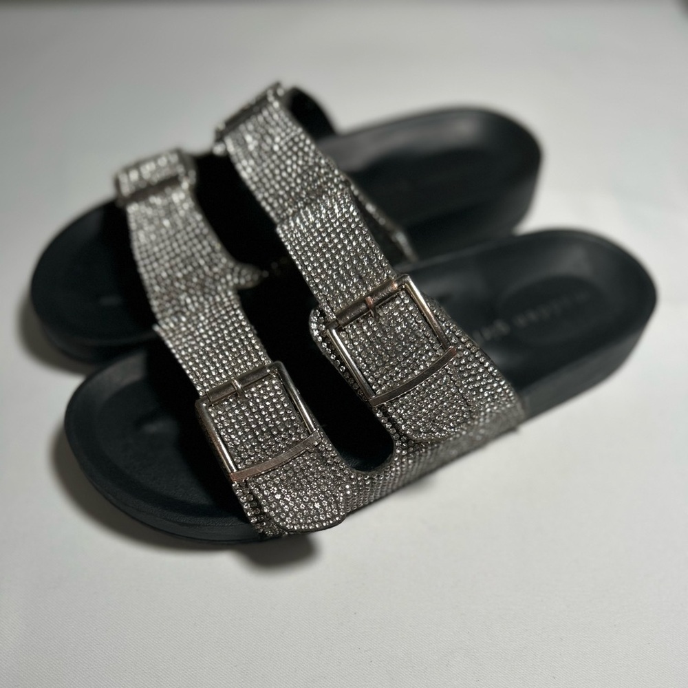 Madden Girl Teddy R- Silver Rhinestone Footbed Buckle Sandals